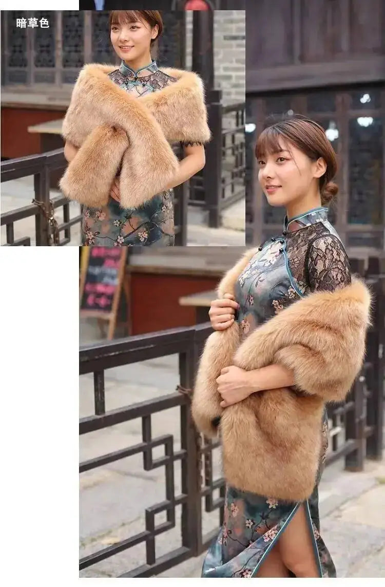 32-Color Luxury Faux Fox Fur Shawl – Women’s Plush Winter Scarf, Wrap & Cape for Wedding & Coat