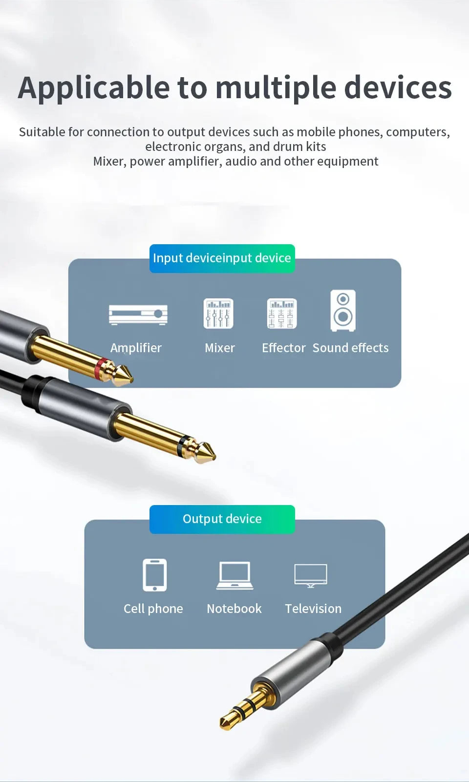 3.5mm to Dual 6.5mm TRS Audio Cable – AUX Adapter for Mixer, Amplifier & Speaker (6.35mm Jack)