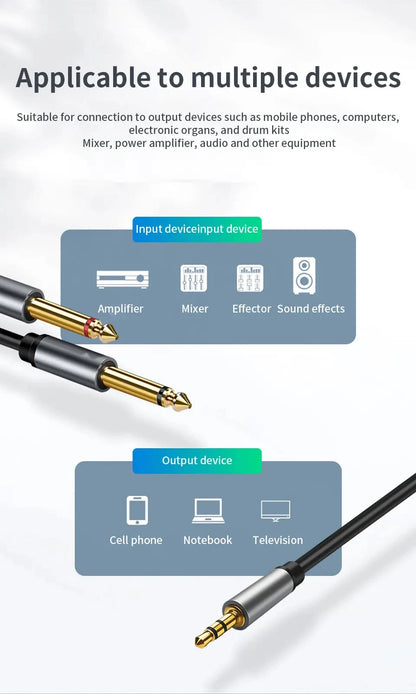 3.5mm to Dual 6.5mm TRS Audio Cable – AUX Adapter for Mixer, Amplifier & Speaker (6.35mm Jack)