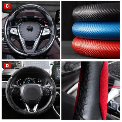 2/3PCS Universal Car Steering Wheel Cover — Laser Carbon Fiber, Silicone & 1K Microfiber Leather, Non-Slip PVC Booster
