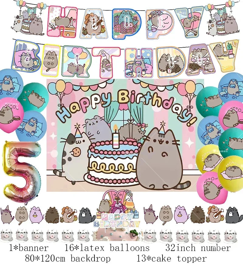 Pusheen Cat Birthday Party Decorations - Cartoon Pet Theme Balloons, Banner, Backdrop, Cake Topper, and Baby Shower Stickers