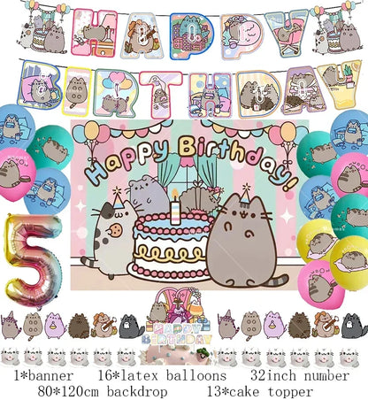Pusheen Cat Birthday Party Decorations - Cartoon Pet Theme Balloons, Banner, Backdrop, Cake Topper, and Baby Shower Stickers