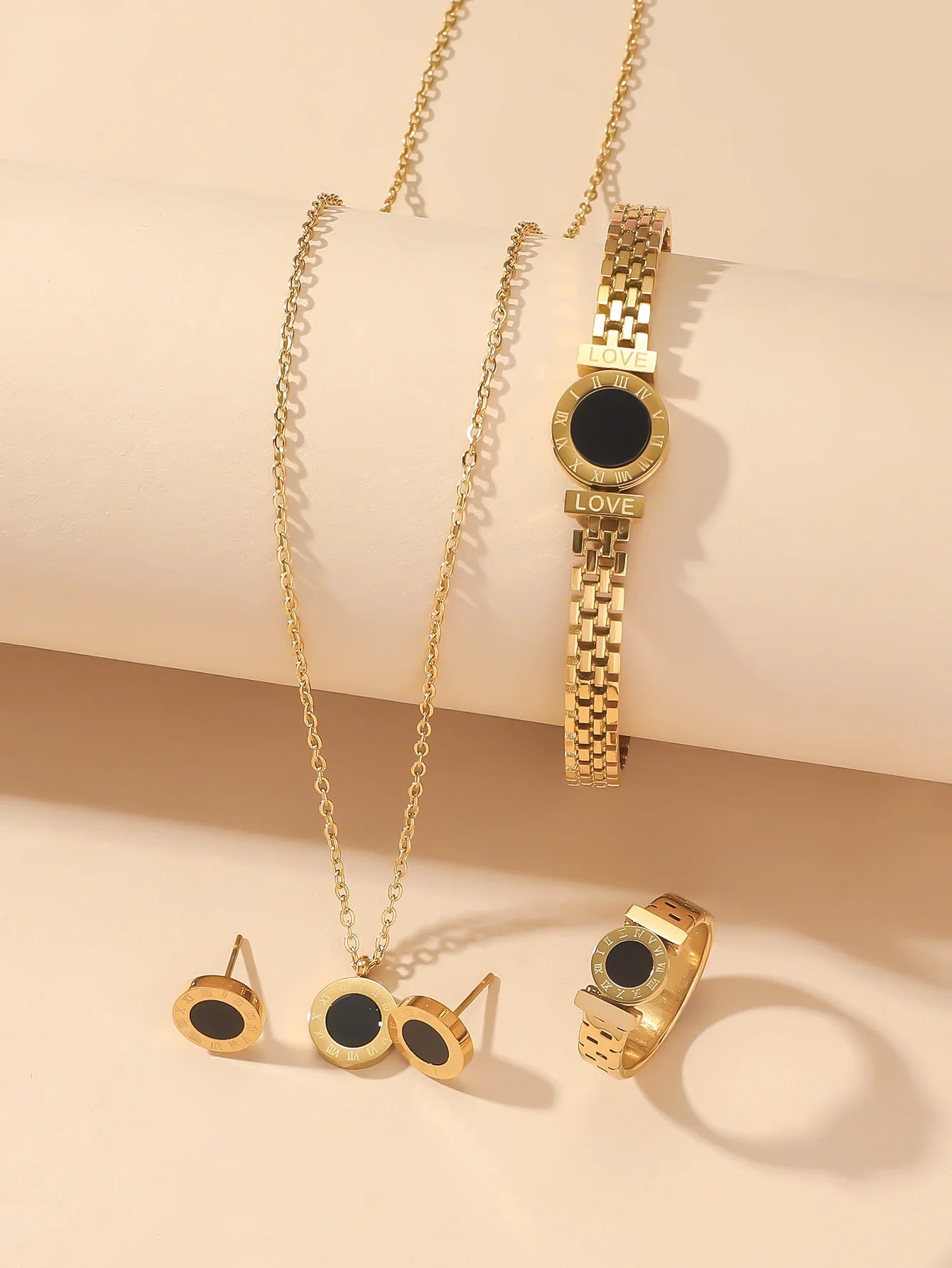 Niche Design Roman Digital Jewelry Set — Titanium Steel Necklace, Bracelet & Ring Studs for Women, Simple & Elegant