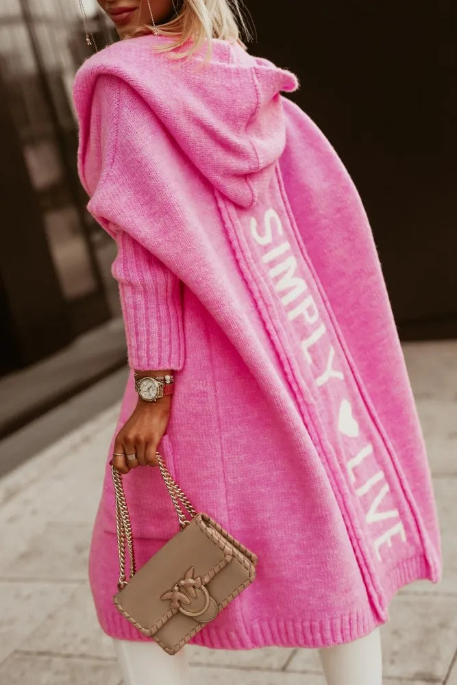 2023 Autumn/Winter Sweater Cardigan – Lapel Hooded Long Knit Coat with Letter Design, Loose Fit for Women