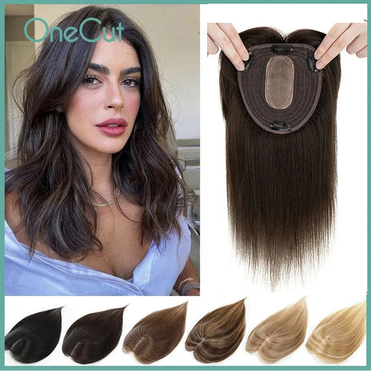 Silk Top Swiss Lace Clip-In Topper – Straight Real Human Hair Toupee with Bangs, Breathable & Soft, Blonde Color