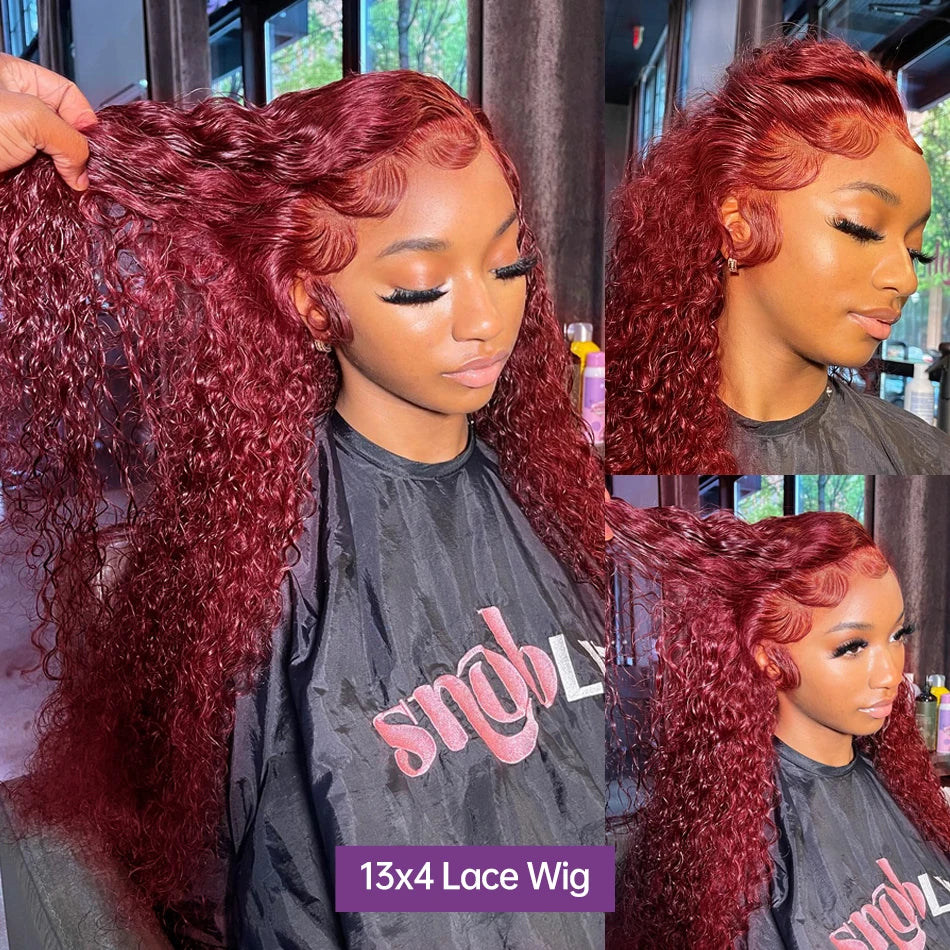 13x4/13x6 Burgundy Deep Wave Frontal Wig – HD Colored 99J Red Curly Human Hair Lace Front for Black Women