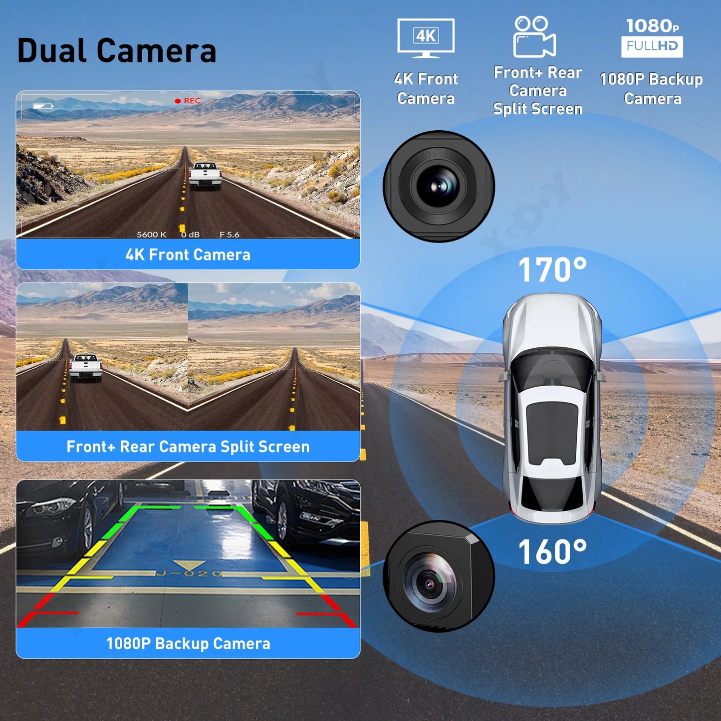 XGODY 11.3" 4K Dash Cam - Wireless CarPlay, Android Auto, GPS, WiFi Navigation, Rearview Camera for Car DVR Dashboard Video