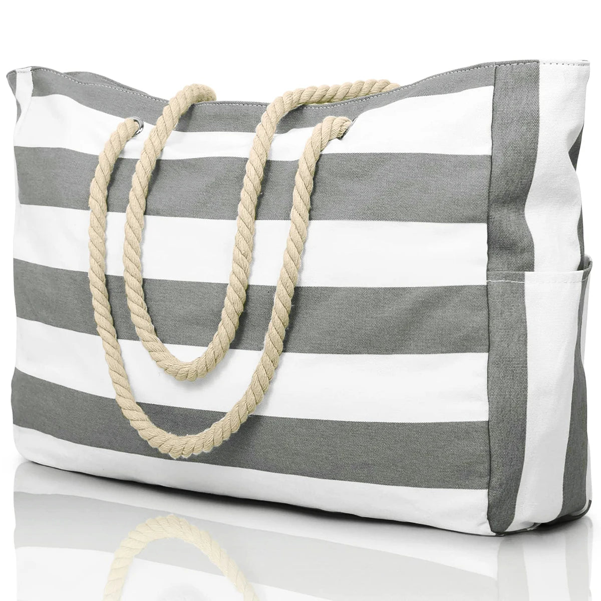 Striped Waterproof Canvas Beach Bag – Zippered Foldable Tote for Outdoor Travel and Vacation, Sand-Resistant Design