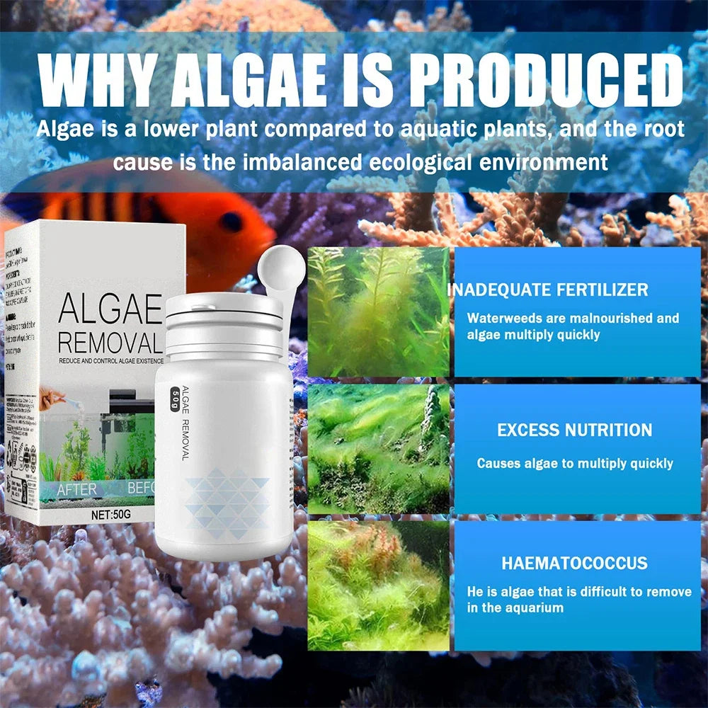 50g Algae & Moss Remover for Fish Tank, Pond, Aquarium – Green Algae & Bactericidal Removal, Improves Water Clarity