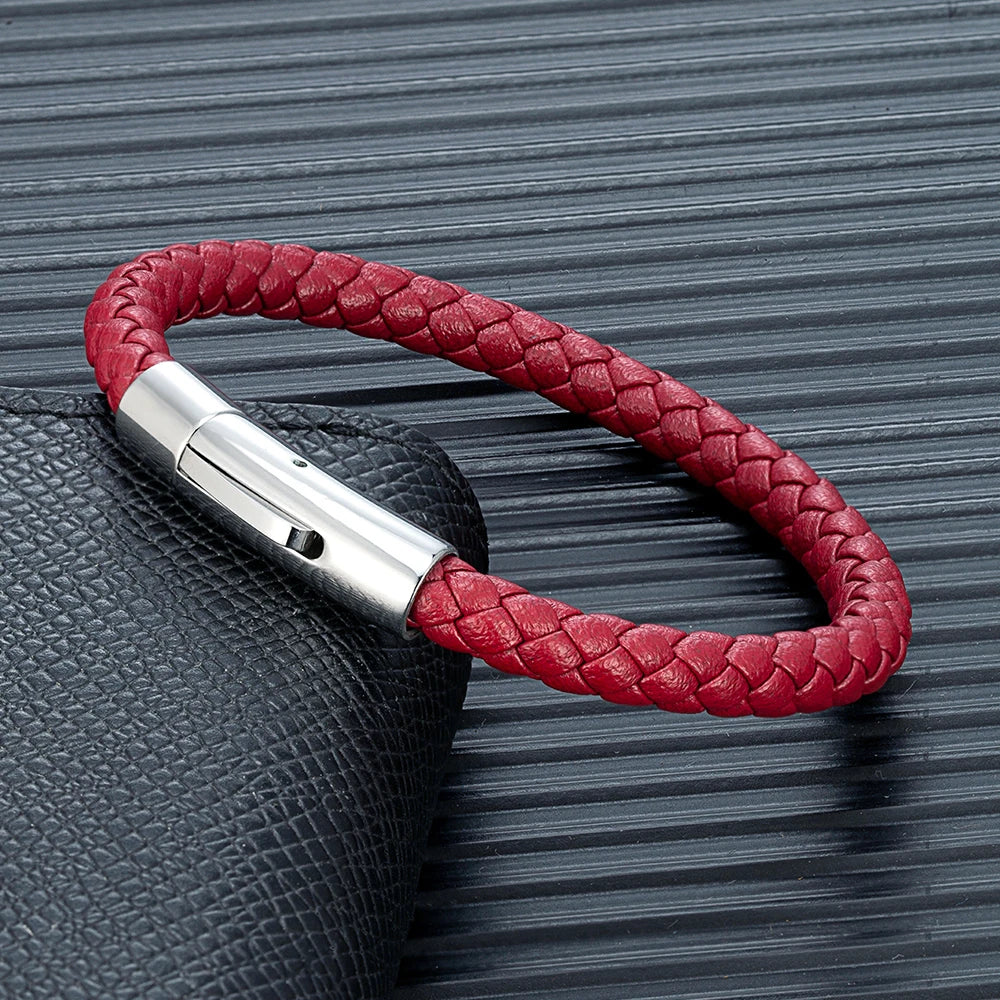 MKENDN Red Braided Leather Bracelet - 6mm Stainless Steel Button Unisex Couple Jewelry Gift Classic Simple Design