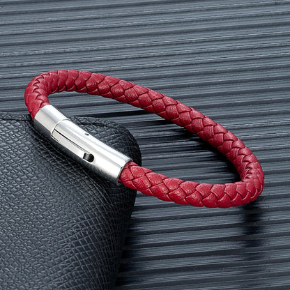 MKENDN Red Braided Leather Bracelet - 6mm Stainless Steel Button Unisex Couple Jewelry Gift Classic Simple Design