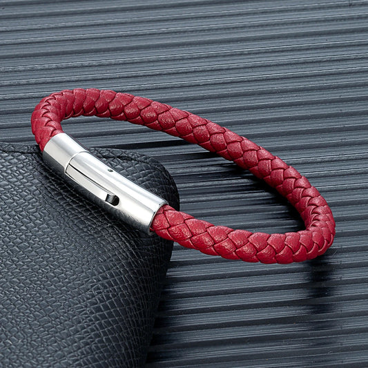 MKENDN Red Braided Leather Bracelet - 6mm Stainless Steel Button Unisex Couple Jewelry Gift Classic Simple Design