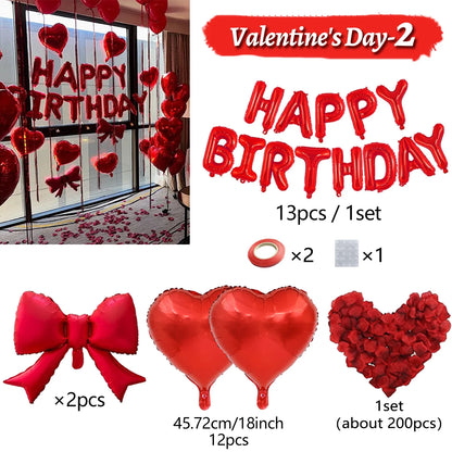 Red Birthday Balloon Set - Heart Foil Balloons with Bow & Simulated Rose Petals for Valentine’s Day Party Decor