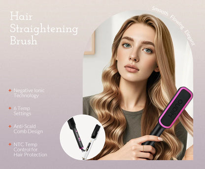 OUDIM Hair Straightener Brush – Ionic Flat Iron with 6 Temperature Settings, Anti-Scald Hair Styling Tool for Women