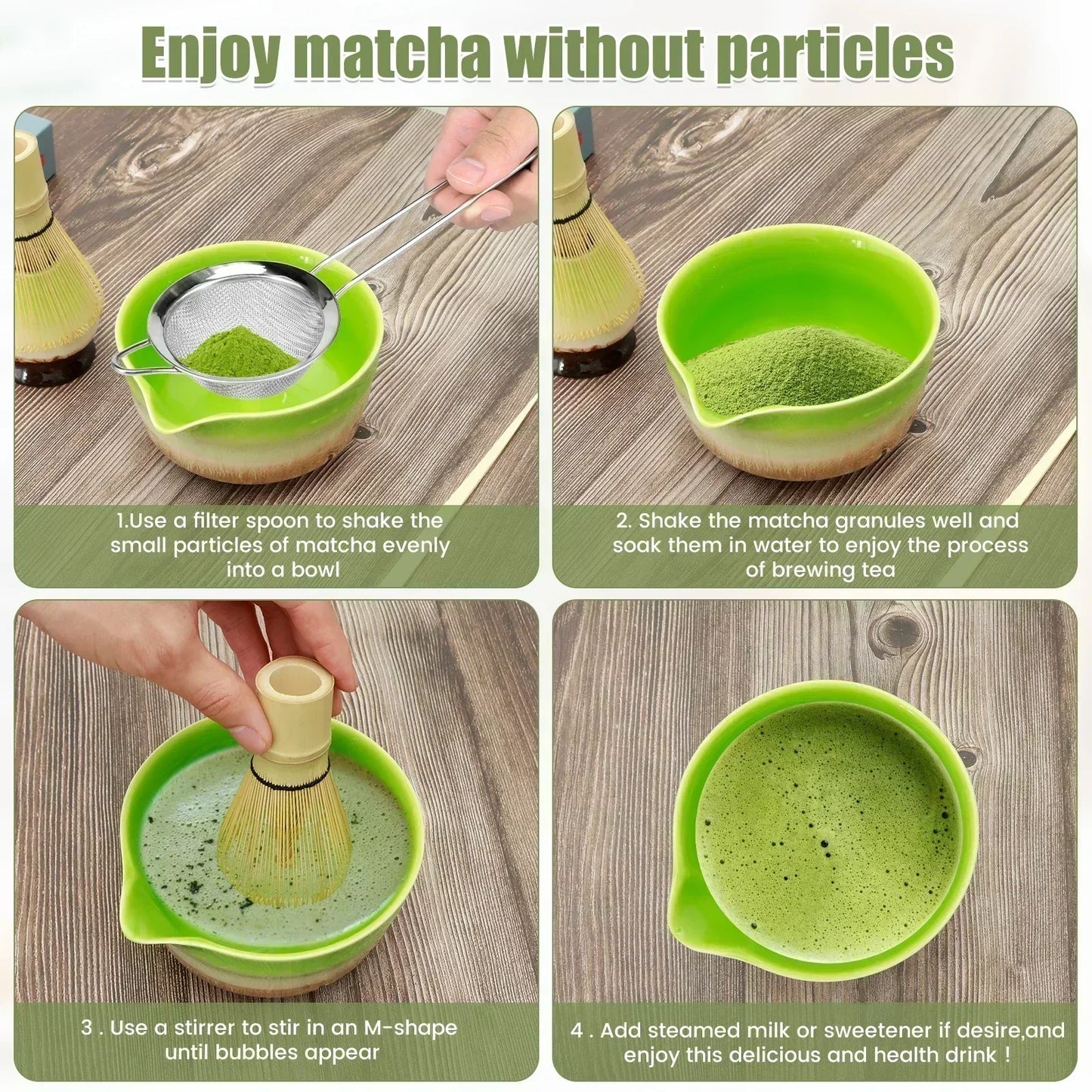 4-Piece Matcha Whisk Set - Handmade Bamboo Tea Whisk, Scoop, Strainer & Storage Holder