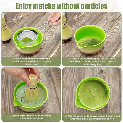 4-Piece Matcha Whisk Set - Handmade Bamboo Tea Whisk, Scoop, Strainer & Storage Holder