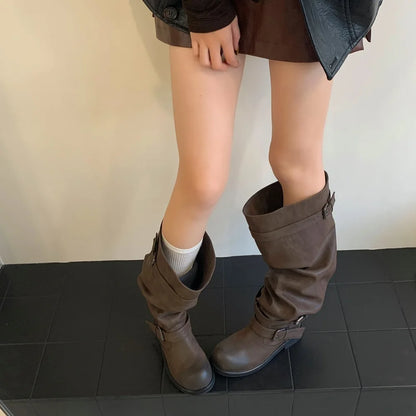 Eilyken Women’s Over-the-Knee Boots – Round Toe Punk Style with Pleated Buckle Strap, Low Square Heels for Autumn Winter