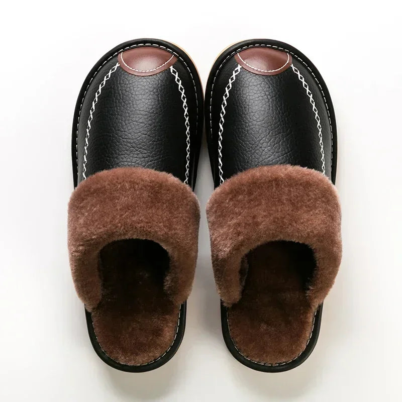 Men’s Winter Leather Slippers — Waterproof, Thick Velvet Cotton Indoor Home Shoes, Warm Bedroom Footwear