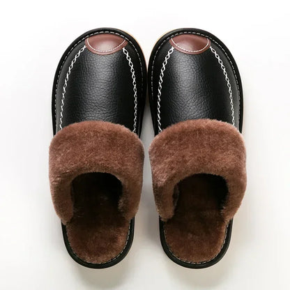 Men’s Winter Leather Slippers — Waterproof, Thick Velvet Cotton Indoor Home Shoes, Warm Bedroom Footwear