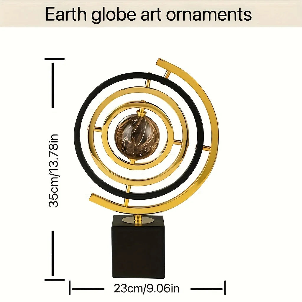 Modern Abstract Metal Globe Sculpture - Black & Gold Home Office Decor with Rectangular Base