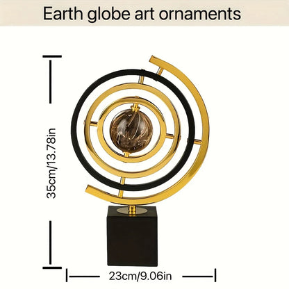 Modern Abstract Metal Globe Sculpture - Black & Gold Home Office Decor with Rectangular Base