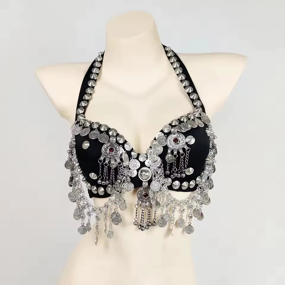 Vintage Gypsy Tribal Belly Dance Push-Up Bra – Wooden Beads Top with Turquoise Medallion