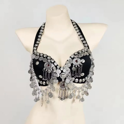 Vintage Gypsy Tribal Belly Dance Push-Up Bra – Wooden Beads Top with Turquoise Medallion