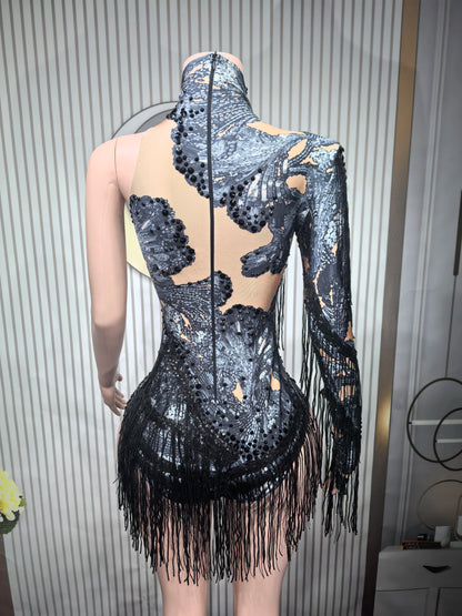 Sparkly Blue Rhinestone Leotard - One-Shoulder Fringe Bodysuit for Dance, Stage & Performance