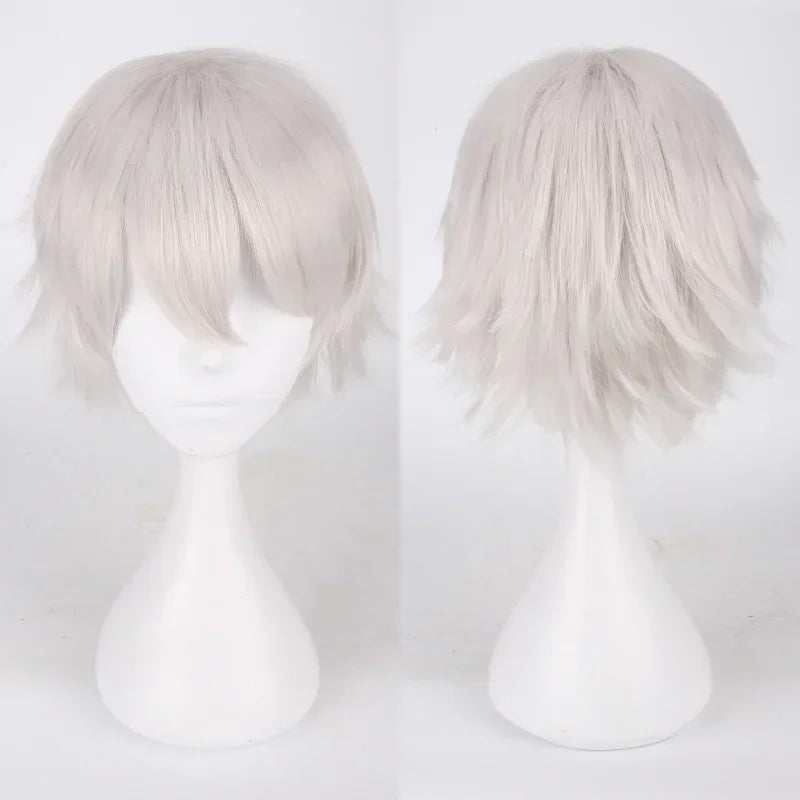 Unisex Synthetic Anime Cosplay Wig – Short Straight Heat-Resistant Hair in Red, White, Pink, Gray & Brown