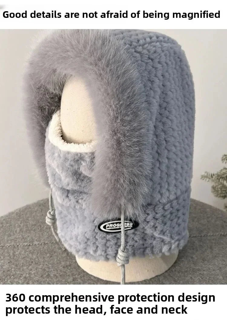 Women’s Winter Plush Hat with Hood & Scarf – Warm Thick Windproof Thermal Cap with Ear Protection for Outdoor Cycling & Riding