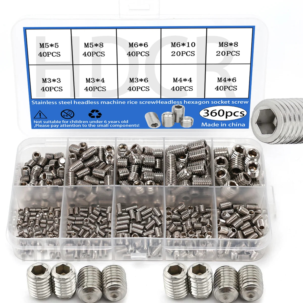 360pcs Stainless Steel Headless Hex Socket Screw Set - M3/M4/M5/M6/M8 Grub & Machine Screws