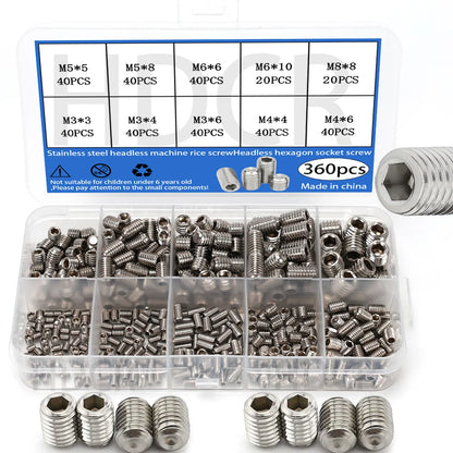 360pcs Stainless Steel Headless Hex Socket Screw Set - M3/M4/M5/M6/M8 Grub & Machine Screws