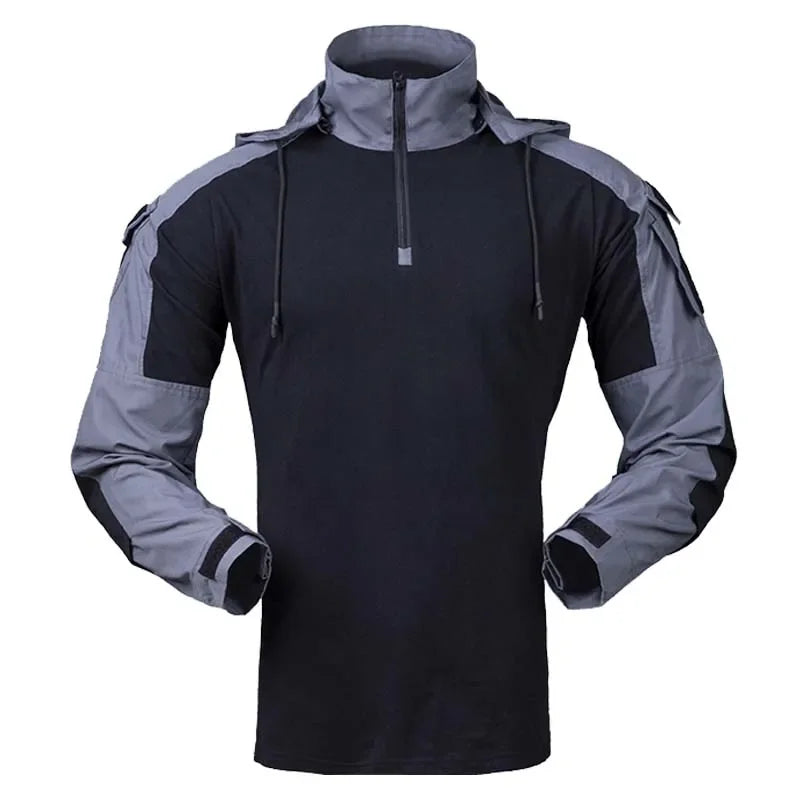 Men’s Tactical Camo Hooded Combat Shirt – Durable Cotton Airsoft & Paintball Hunting Outdoor Wear-Resistant Military Style T-Shirt