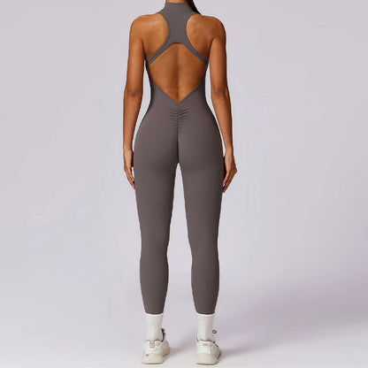 Women’s V-Back One-Piece Sports Jumpsuit — Sleeveless Yoga Romper with Zipper Workout Bodysuit
