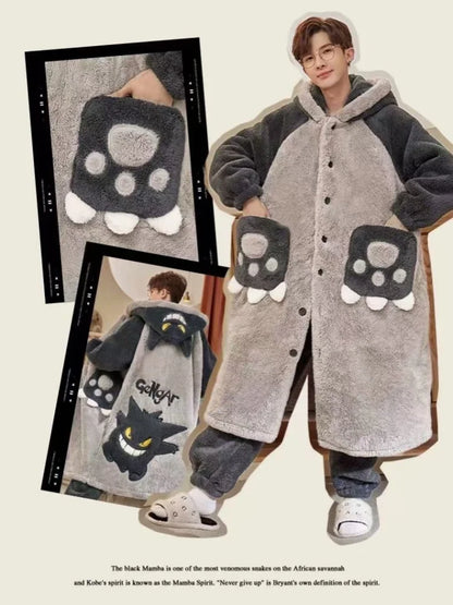 Gengar Pokemon Pajamas Set — Men’s Large Winter Coral Fleece Hooded Nightgown, Thick Warm Anime Home Suit