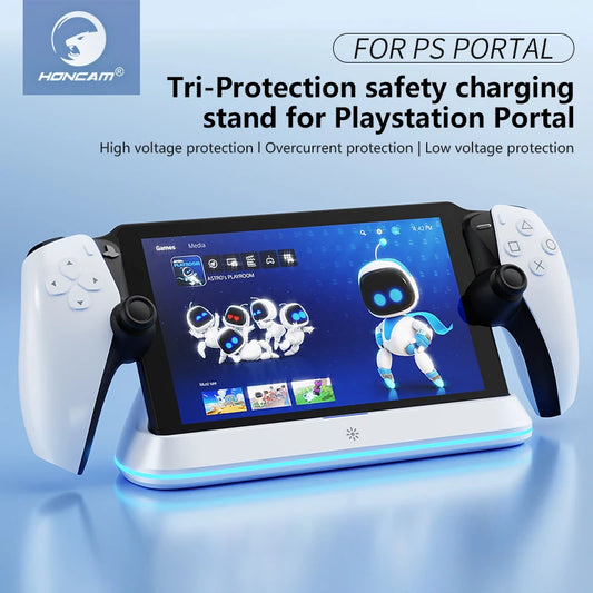 HONCAM Charging Dock Station for PlayStation Portal – RGB Light Stand with 7 Modes & Safe Tri-Protection Charging Base