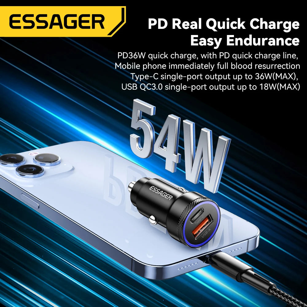 Essager 54W Car Charger – 5A Fast Charging USB Type-C QC 3.0 PD 3.0 SCP Dual Port Quick Charge Adapter for iPhone, Samsung & Xiaomi Devices