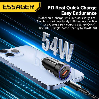 Essager 54W Car Charger – 5A Fast Charging USB Type-C QC 3.0 PD 3.0 SCP Dual Port Quick Charge Adapter for iPhone, Samsung & Xiaomi Devices