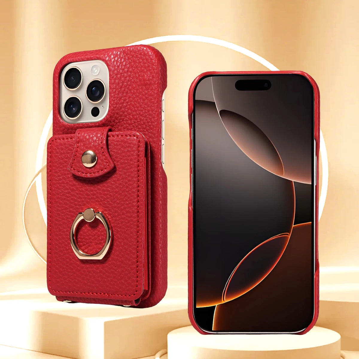 PU Leather iPhone Case with Ring & Card Slots – Anti-Fall Wallet Cover for iPhone 16 Pro Max, 15, 14, 13, 12, 11, 7, 8 Plus & 16e