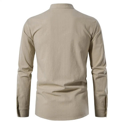 Men's Retro Linen Lace-Up Shirt - Long Sleeve Stand Collar Medieval Pirate Viking Renaissance Casual Top