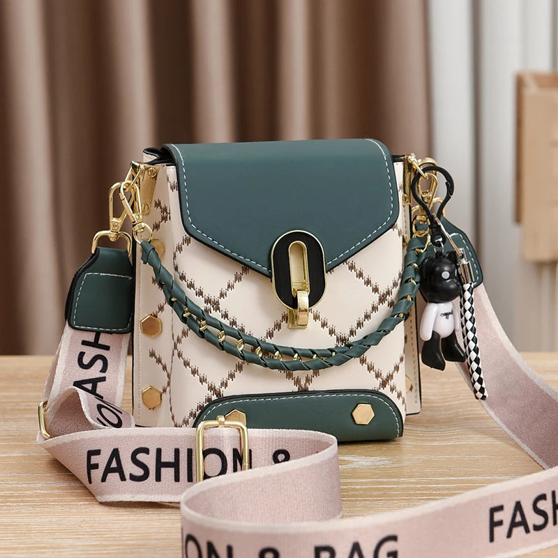Mini Studded Crossbody Bag for Women - Argyle Embroidery Mobile Phone Purse with Trendy Chain Decor