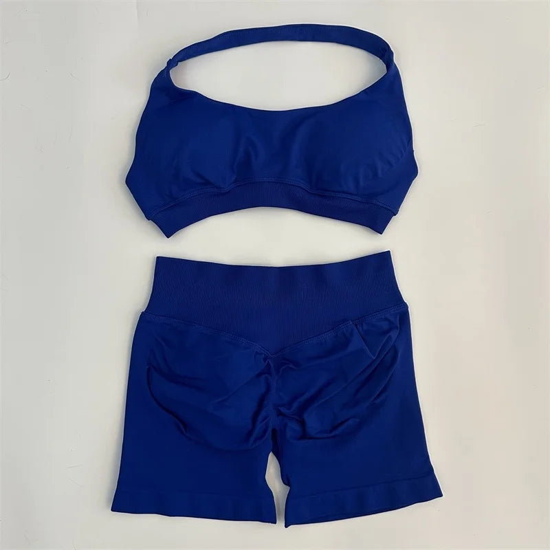 2PCS Seamless Yoga Workout Set – Scrunch Shorts & Halter Sports Bra Gym Fitness Outfit
