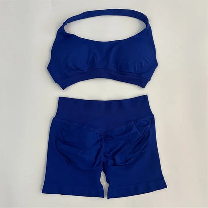 2PCS Seamless Yoga Workout Set – Scrunch Shorts & Halter Sports Bra Gym Fitness Outfit
