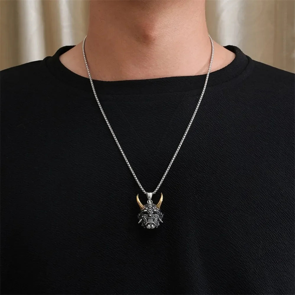 Vintage Punk Demon Mask Samurai Ghost Pendant Necklace — Unisex Long Chain Hip Hop Rock Jewelry, Party Gift Accessory