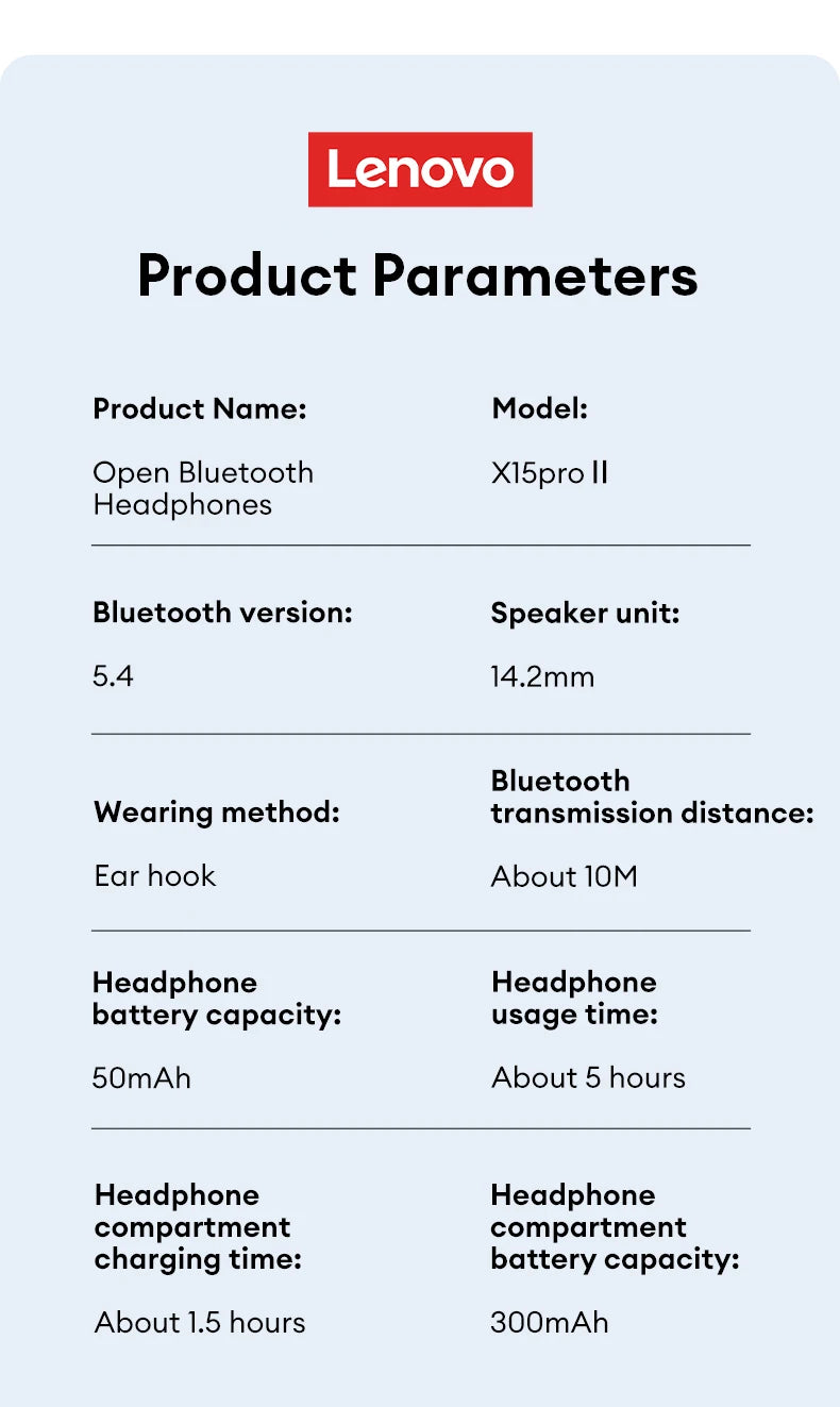 Lenovo X15 PRO Ⅱ OWS Bluetooth 5.4 Earphones – Sport Earbuds with Ear Hook, HD HiFi Surround Sound Headphones