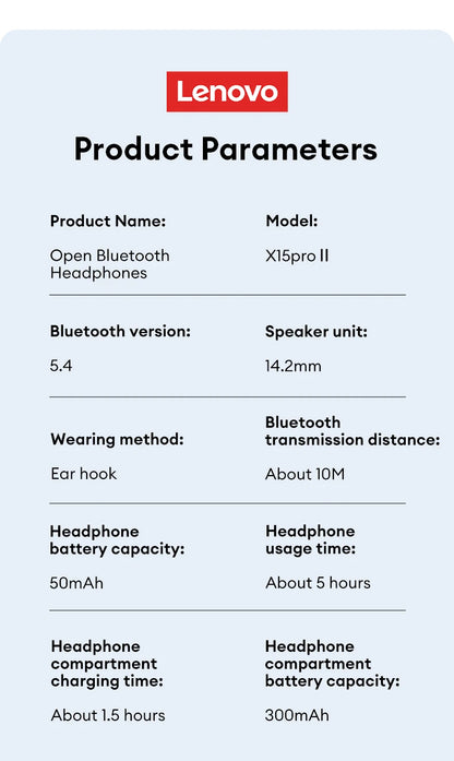 Lenovo X15 PRO Ⅱ OWS Bluetooth 5.4 Earphones – Sport Earbuds with Ear Hook, HD HiFi Surround Sound Headphones