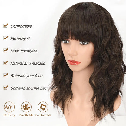 Natural Brown Synthetic Curly Wavy Bob Wig with Bangs – Stylish Wig for Women