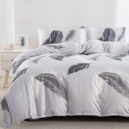 Grey Feather Duvet Cover Set – Full/Queen Boho Bird Plume Luxury Soft Reversible Comforter for Kids & Teens