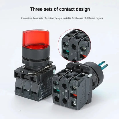 XB4 22mm LED Rotary Selector Switch – 1NO/2NO/1NO1NC Self-Locking 2/3 Position Control Knob 12V/24V/220V 10A Red Green Indicator