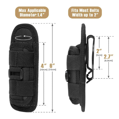Tactical Flashlight Pouch Holster – Rotatable Belt Clip Holder with 360-Degree Carabiner Reel Clip for Torch Carrying